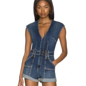Free People CRVY Lolita Playsuit Denim Shorts Romper in Indigo